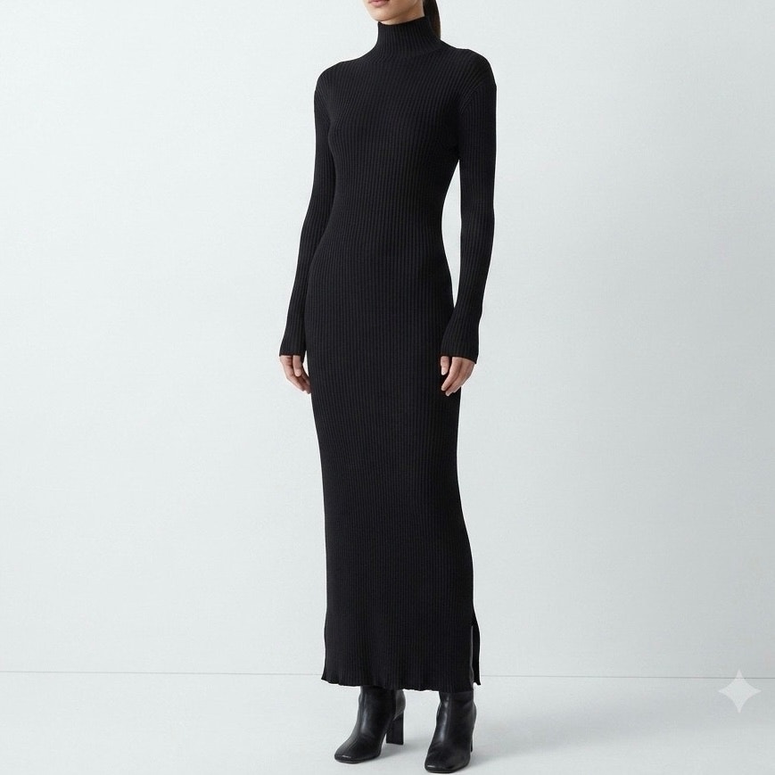 Boston Proper Black Ribbed Turtleneck Long Sleeve Column Maxi Sweater Dress Sz M